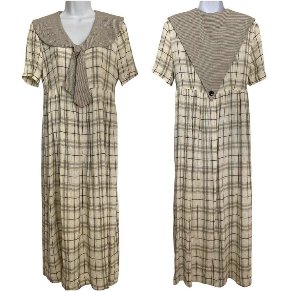 Vintage 80s 90s Pan Sailor Collar Cottage Boho Preppy Academia Plaid Dress S